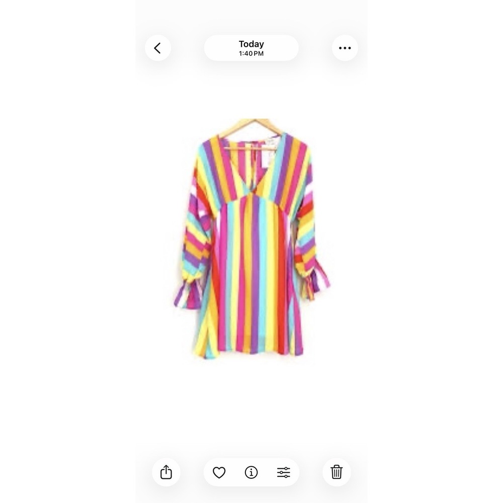 Peach Love California M Rainbow Stripe Dress Boho Retro‎ Mini V-neck Ruffle USA